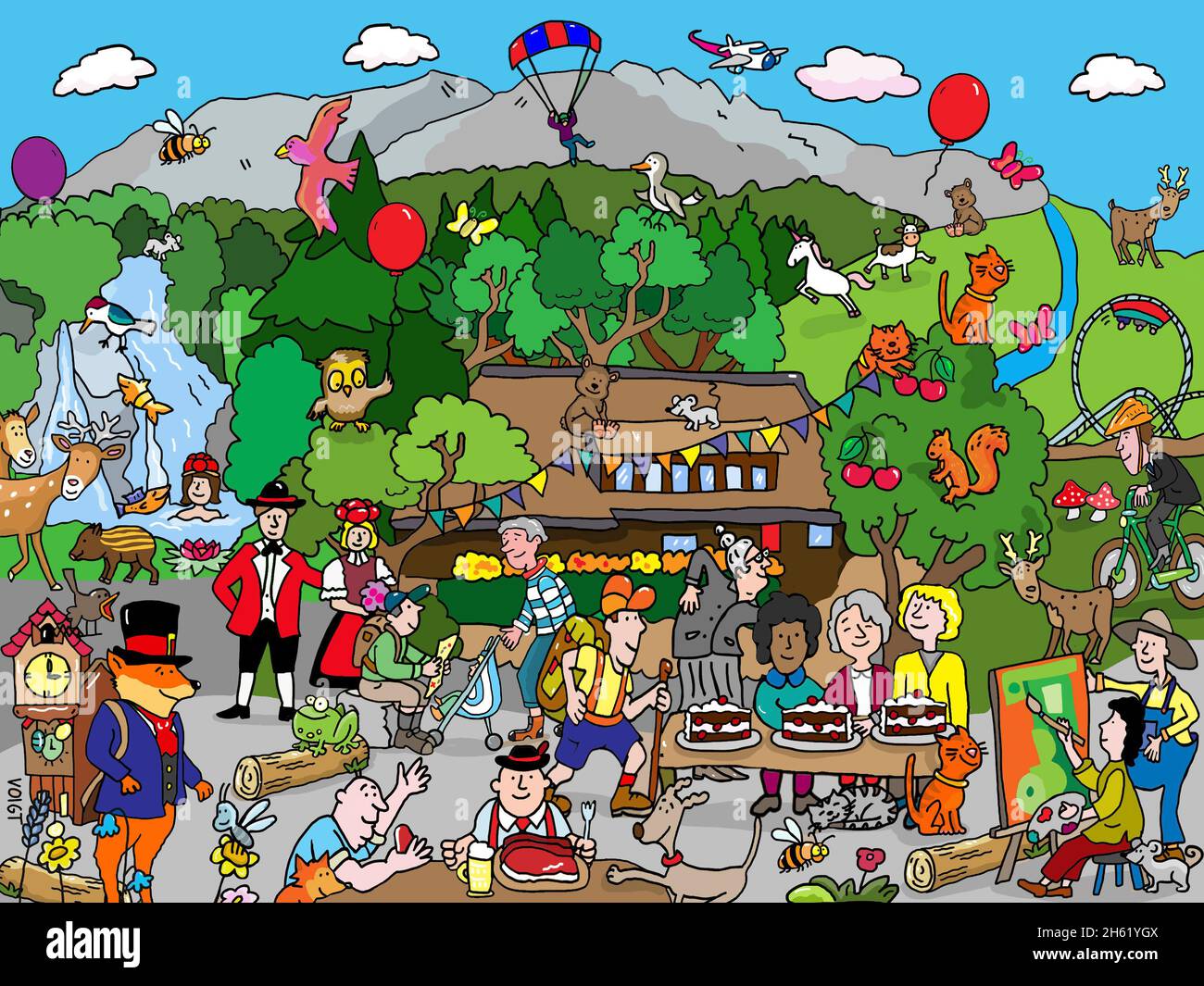 Illustration, Schwarzwald-Klischees, Wimmelbild Stockfoto