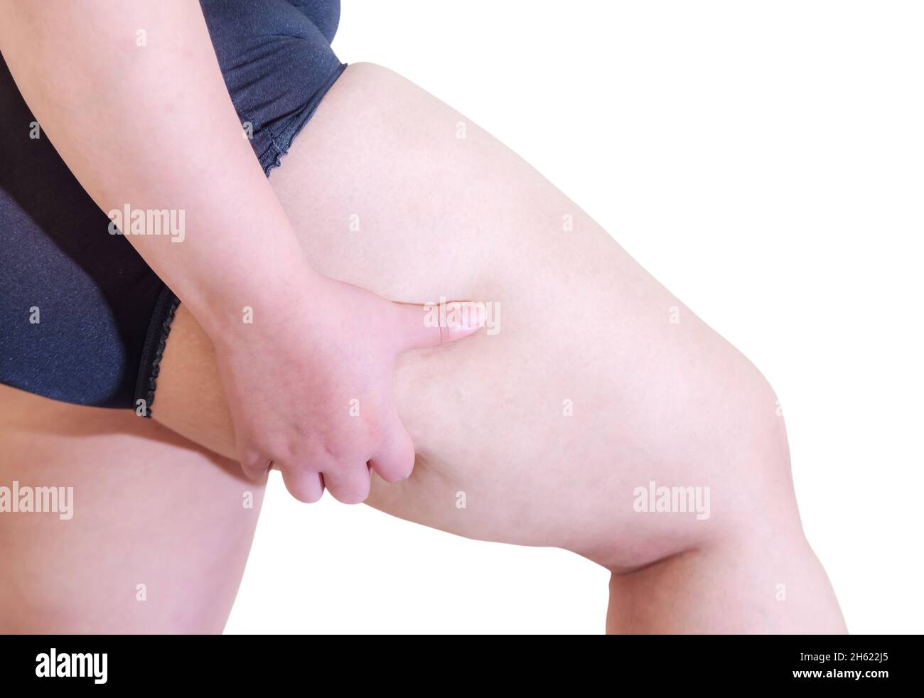 Fat Frauen., Bauch Frauen übergewichtig, Formen Sie sich gesunde Bauchmuskeln und Ernährung Lebensstil zu reduzieren Bauch Konzept. Isoliert auf weißem Hintergrund, Clippi Stockfoto