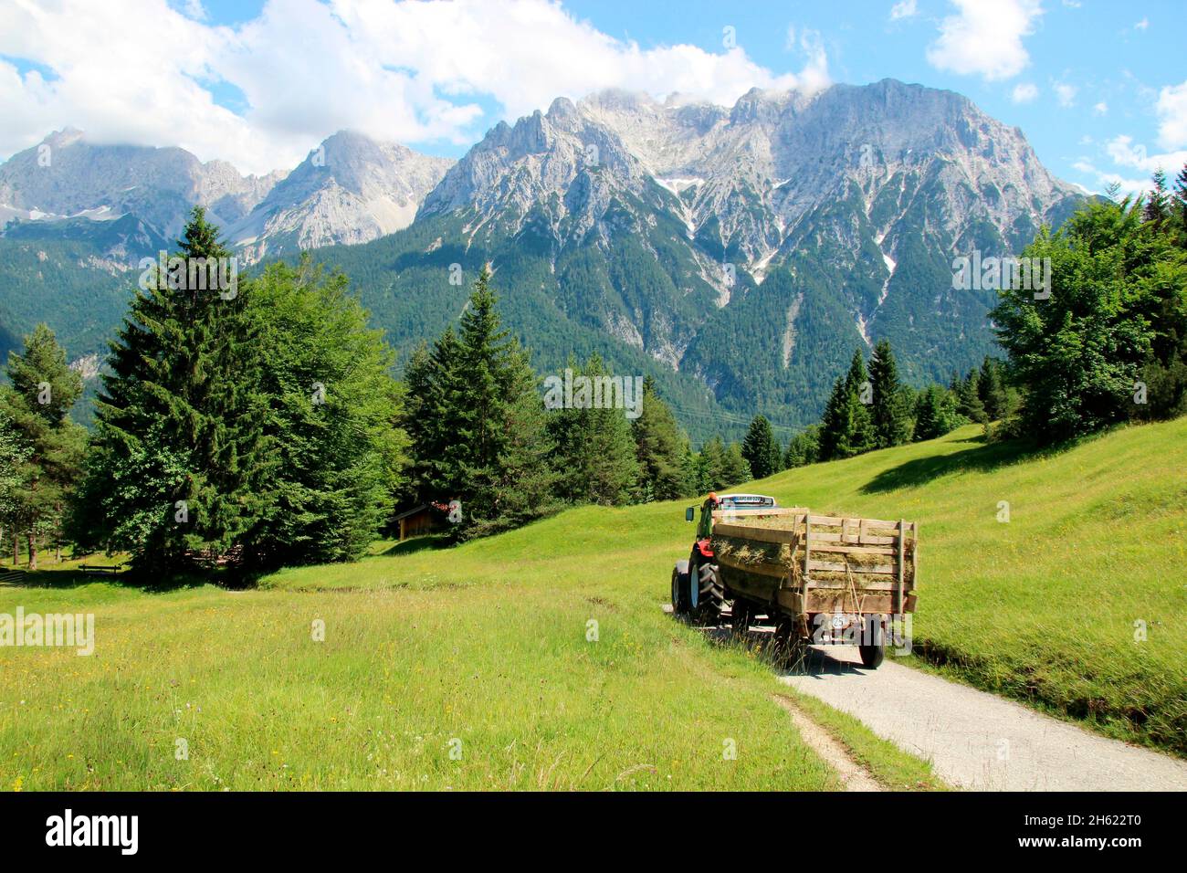 lindner geotrac 73,3300 cm–³, 3 Zylinder, bj. 2009,Traktor während der Heuernte,deutschland,bayern,oberbayern,werdenfelser Land,isartal,mittenwald,kranzberg,wildensee,buckelwiesen,karwendelgebirge,Heuwagen,karwendel Stockfoto