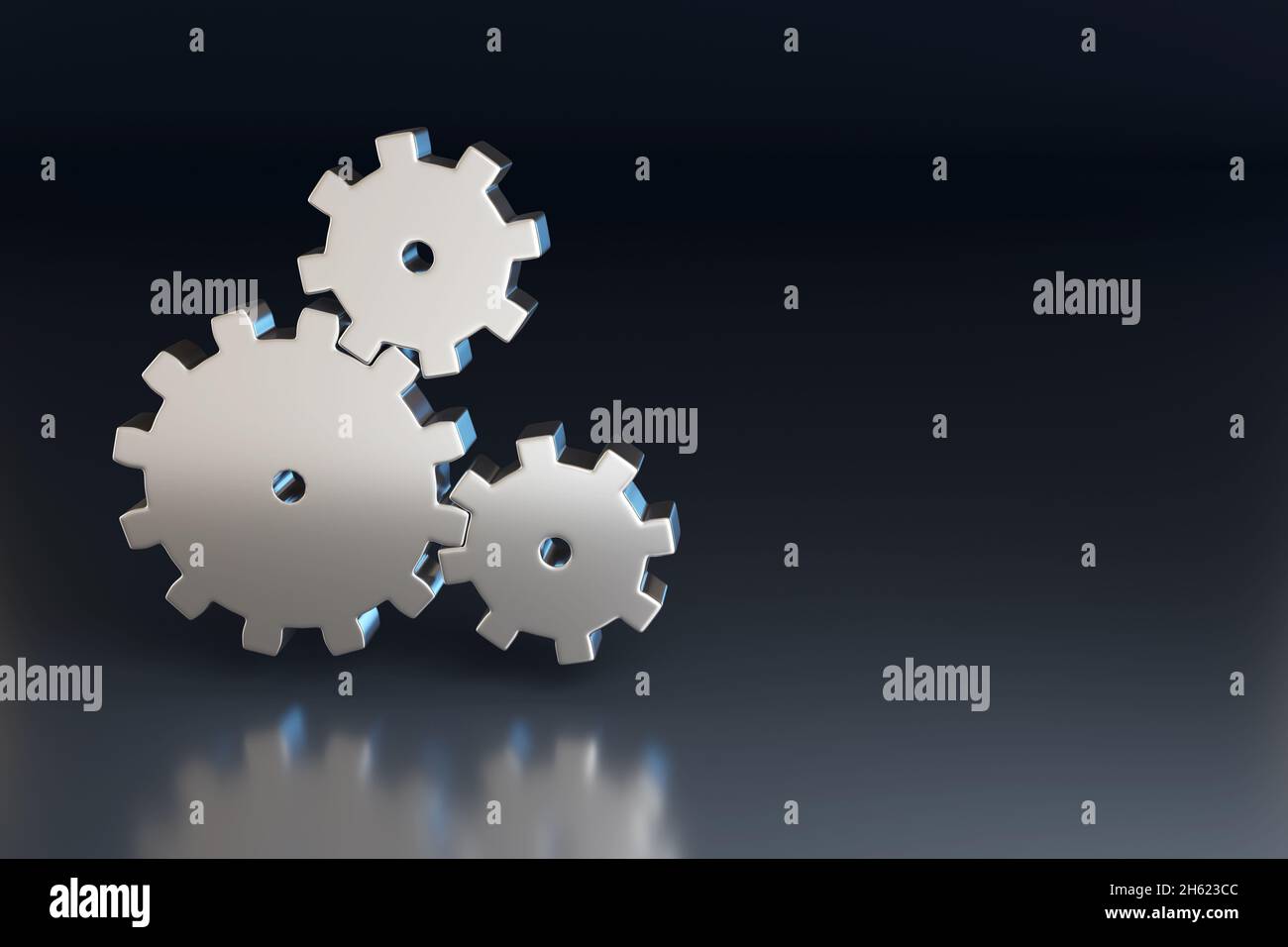 Silberne Zahnräder auf dunklem Hintergrund isoliert. Konzept des Arbeitsteams. 3d-Illustration. Stockfoto