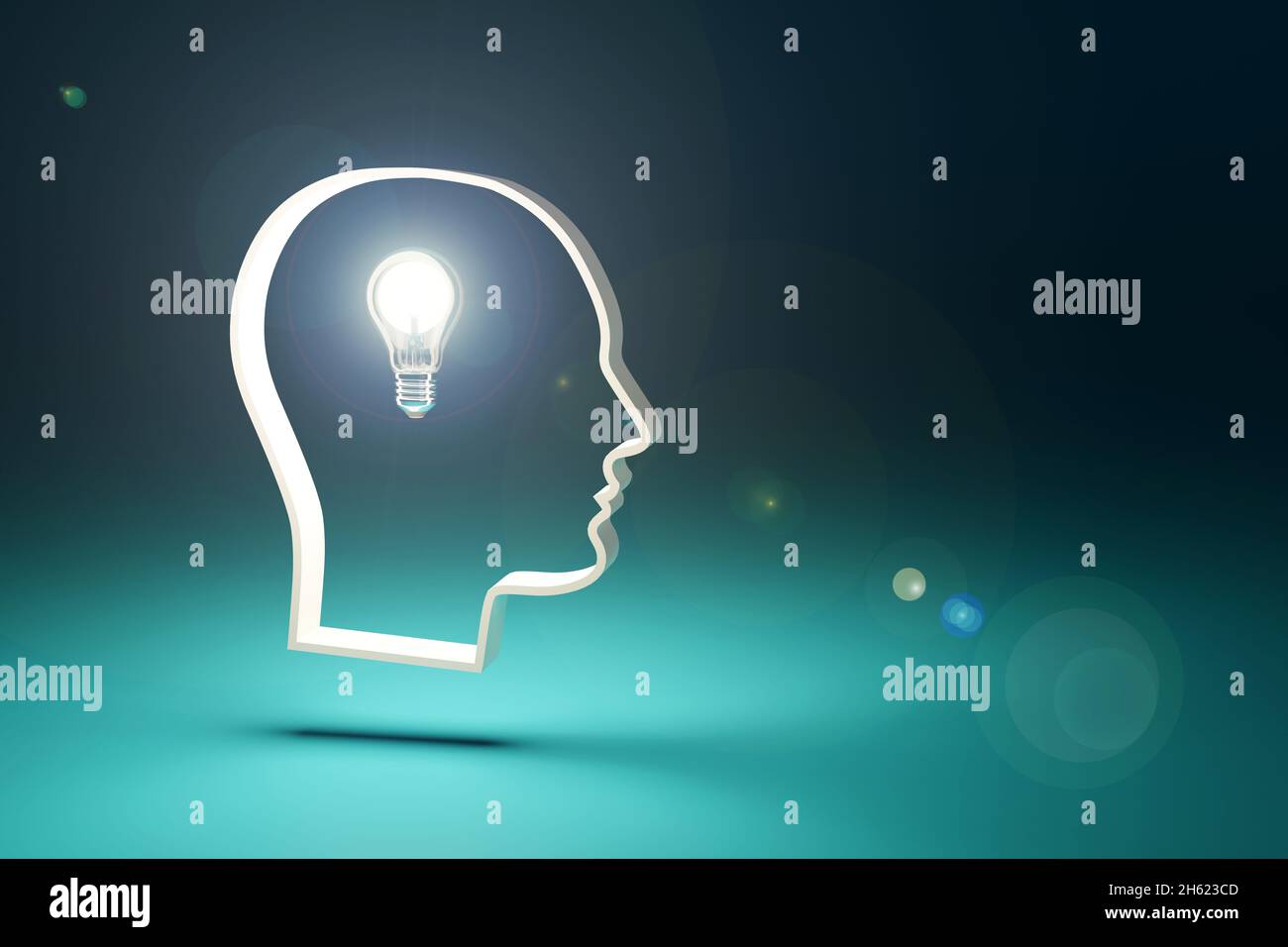 Kopf mit Glühbirne. Ideenkonzept. Abstraktes Design. 3d-Illustration. Stockfoto