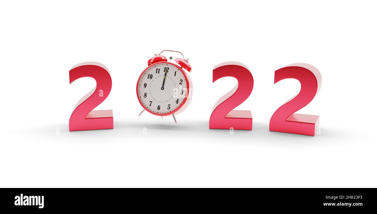 Jahr 2022 in drei Dimensionen mit Uhr isoliert auf weißem Hintergrund. Konzept für das neue Jahr. 3d-Illustration. Stockfoto