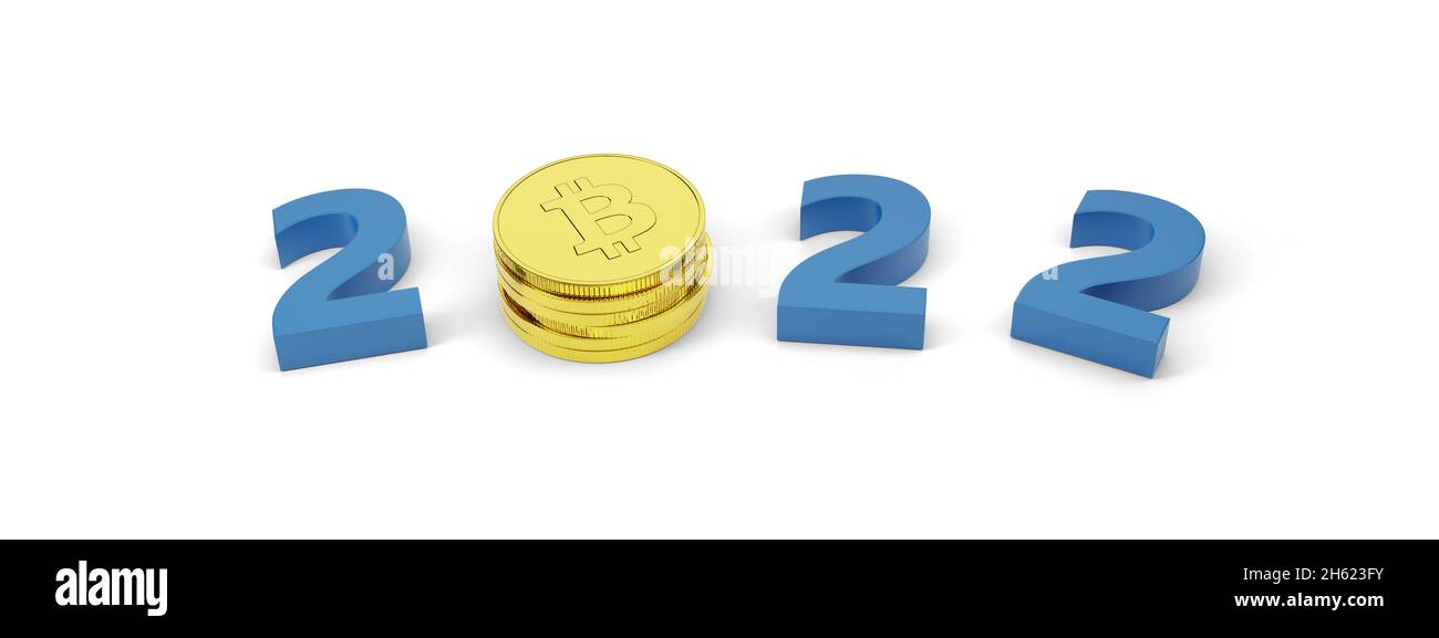 Jahr 2022 in drei Dimensionen mit Bitcoin-Münzen isoliert auf weißem Hintergrund. Konzept für das neue Jahr. 3d-Illustration. Stockfoto