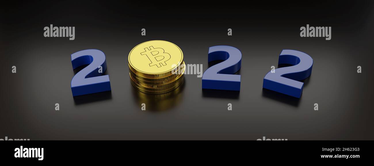 Jahr 2022 in drei Dimensionen mit auf dunklem Hintergrund isolierten Bitcoin-Münzen. Konzept für das neue Jahr. 3d-Illustration. Stockfoto