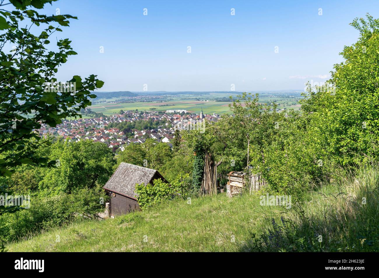 europa,deutschland,baden-württemberg,schönbuchregion,breitenholz,Blick vom schönbuch-westhang in die weite gaullandschaft und den Ort breitenholz Stockfoto