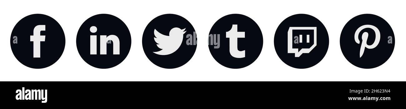 Beliebte Social-Media-Logotypenkollektion: Facebook, TikTok, instagram, twitter, youtube, linkedin, pinterest, Periscope, Vimeo. Stock Vektor