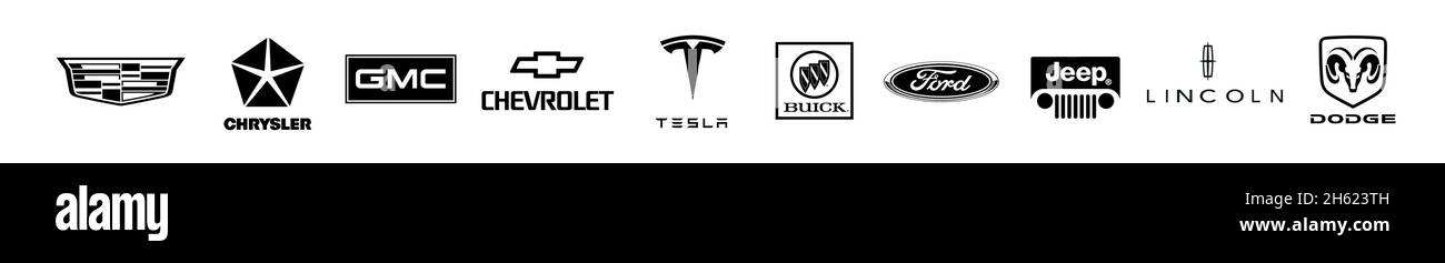 Kiew, UKRAINE. 21. November 2021: Logo der amerikanischen Automobilmarke. Tesla, Dodge, ford, RAM, lincoln, cadillac, Jeep Stock Vektor