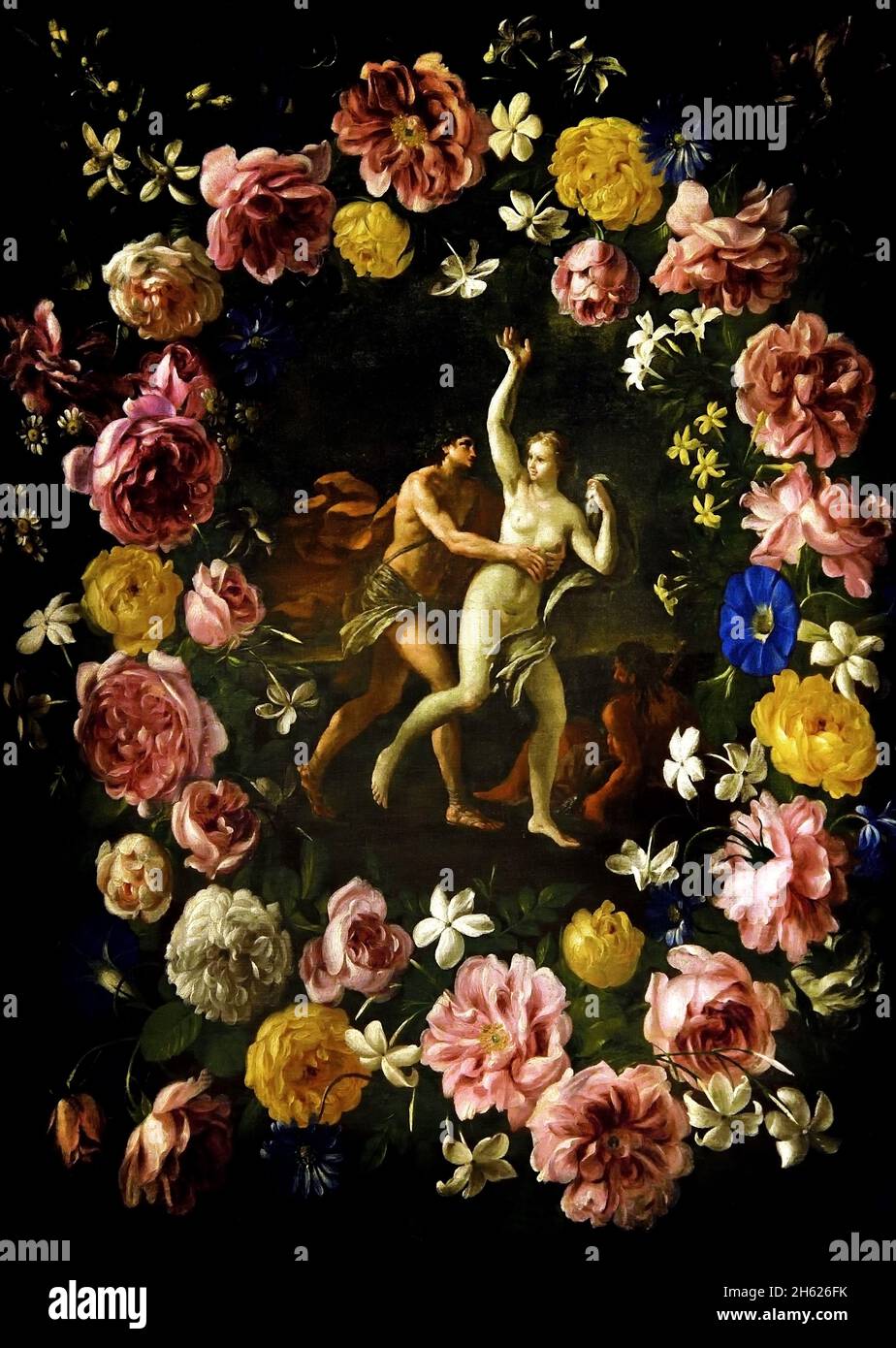 Apollo und Daphne in einer Blumengirlande 1640 - 1670 von Stanchi Giovanni, 1608-1675, Italien, Italienisch, ( Apollo verliebt sich in Peneus’ Tochter Daphne. Er verliebte sich nicht zufällig in sie, sondern durch die Wut des Amors. ) Stockfoto