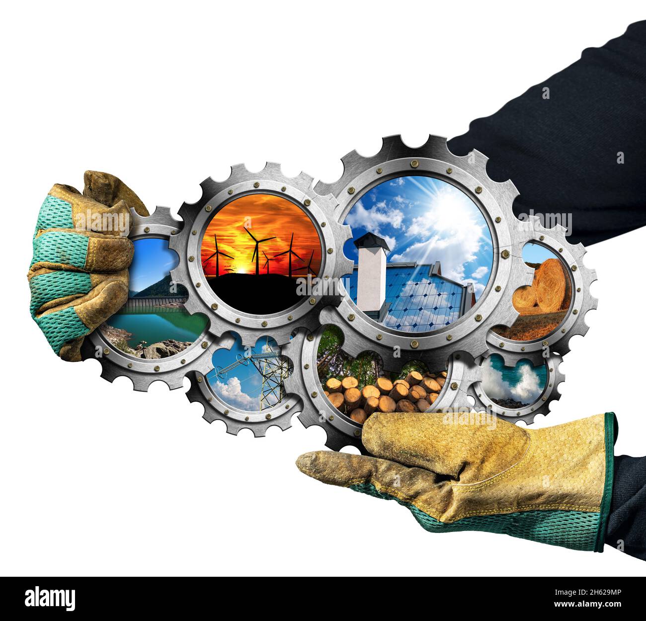 Konzept Für Erneuerbare Energien. Handschuhen, die eine Gruppe von sieben Zahnrädern (Zahnrädern) mit den nachhaltigen Energien halten. Isoliert auf weißem Hintergrund. Stockfoto