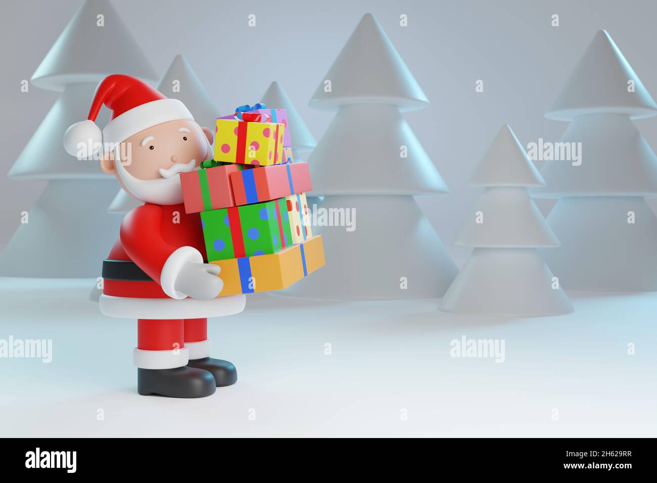 Cartoon Weihnachtsmann trägt eine Menge Geschenkboxen. Weihnachtskonzept. 3d-Illustration. Stockfoto