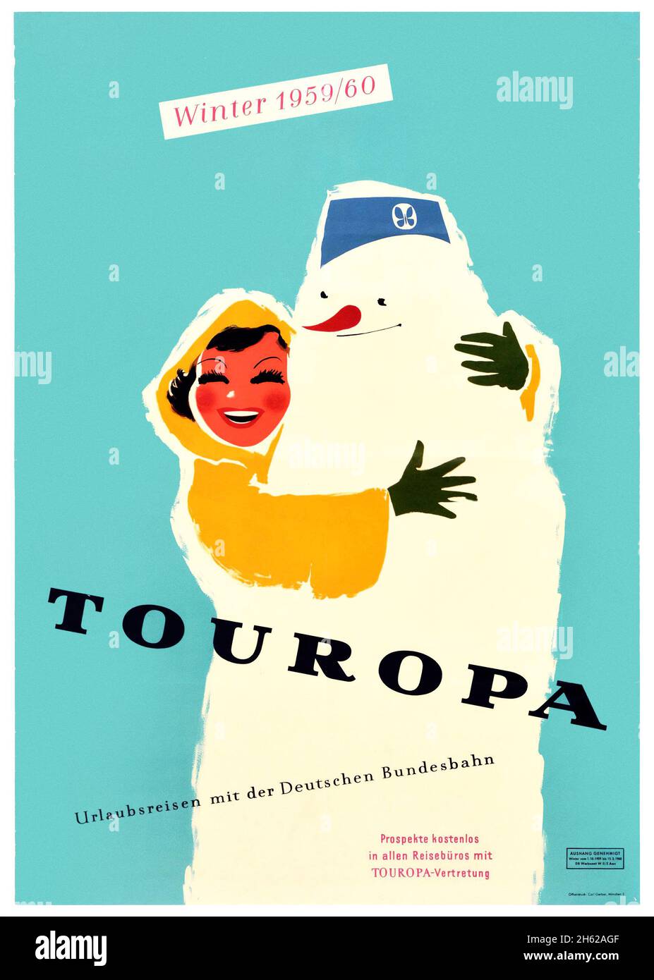 Deutsches Vintage-Poster Touropa Winter Holidays Travel Snowman, 1950er Jahre Unbekannter Künstler. Stockfoto