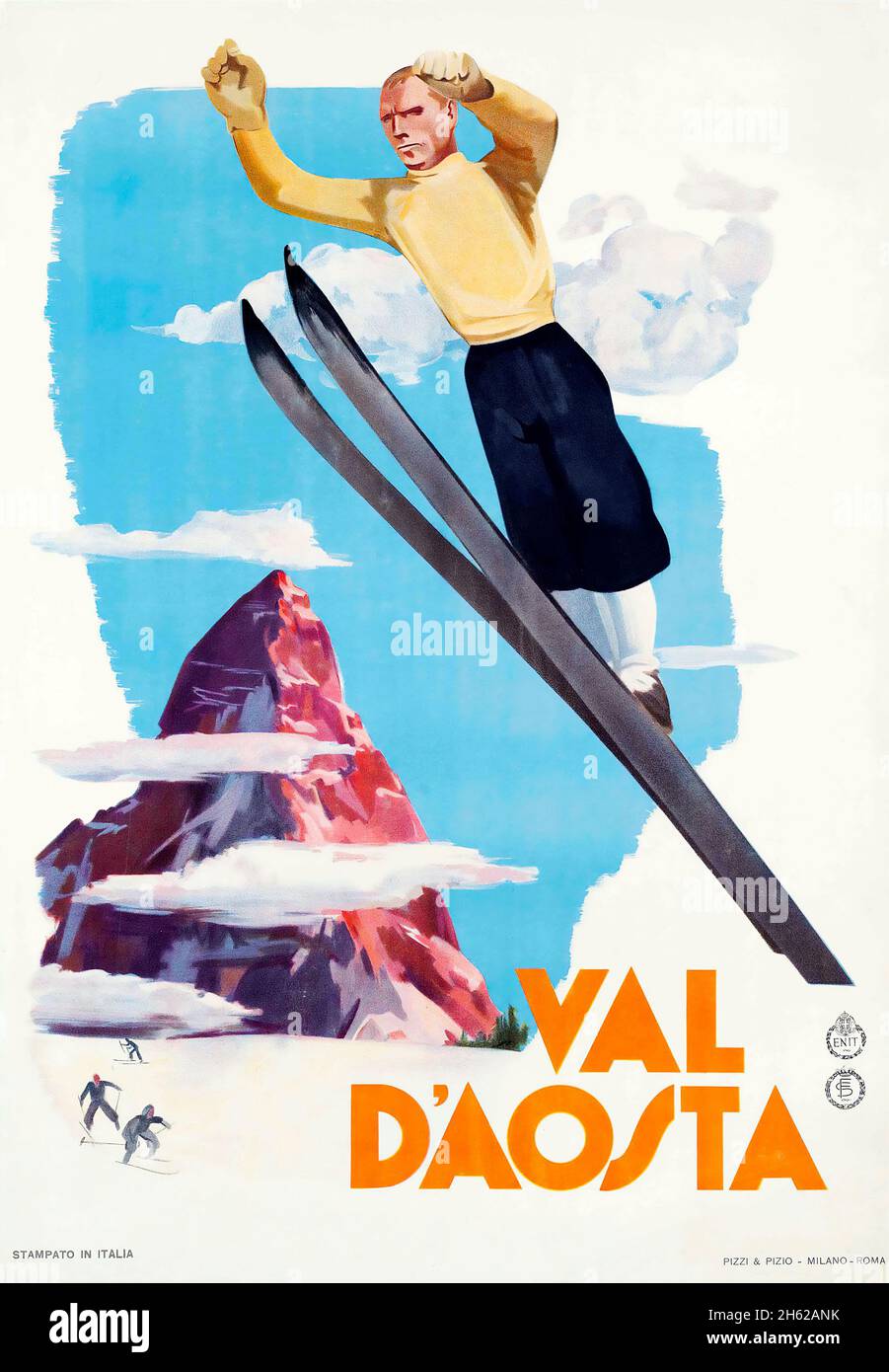 Poster im Val D'Aosta, Italien - anonymer Künstler. Vintage Travel Poster - Wintersport 1937. Skisprungschanze. Stockfoto