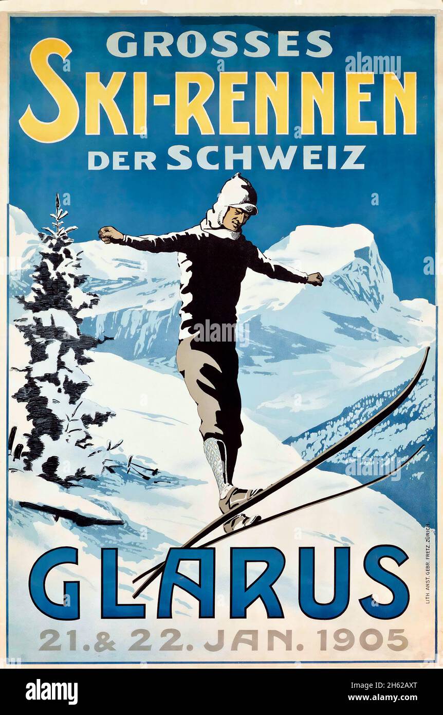 Vintage Travel Poster - Wintersport, großes Ski-Rennen der Schweiz. Glarus, Januar 1905. Suisse, Schweiz, Schweiz. Anonymer Künstler. Stockfoto