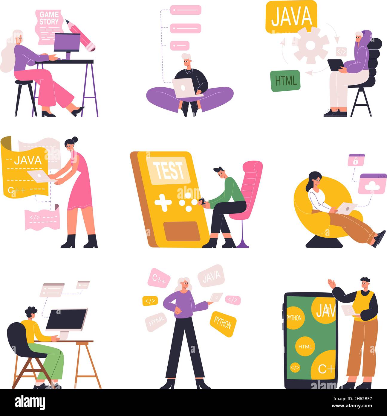 Software-Entwickler, Game-Designer, javascript-Programmierer Zeichen. Web-Entwickler, Software-Programmierer bei der Arbeit Vektor flache Illustration Set Stock Vektor