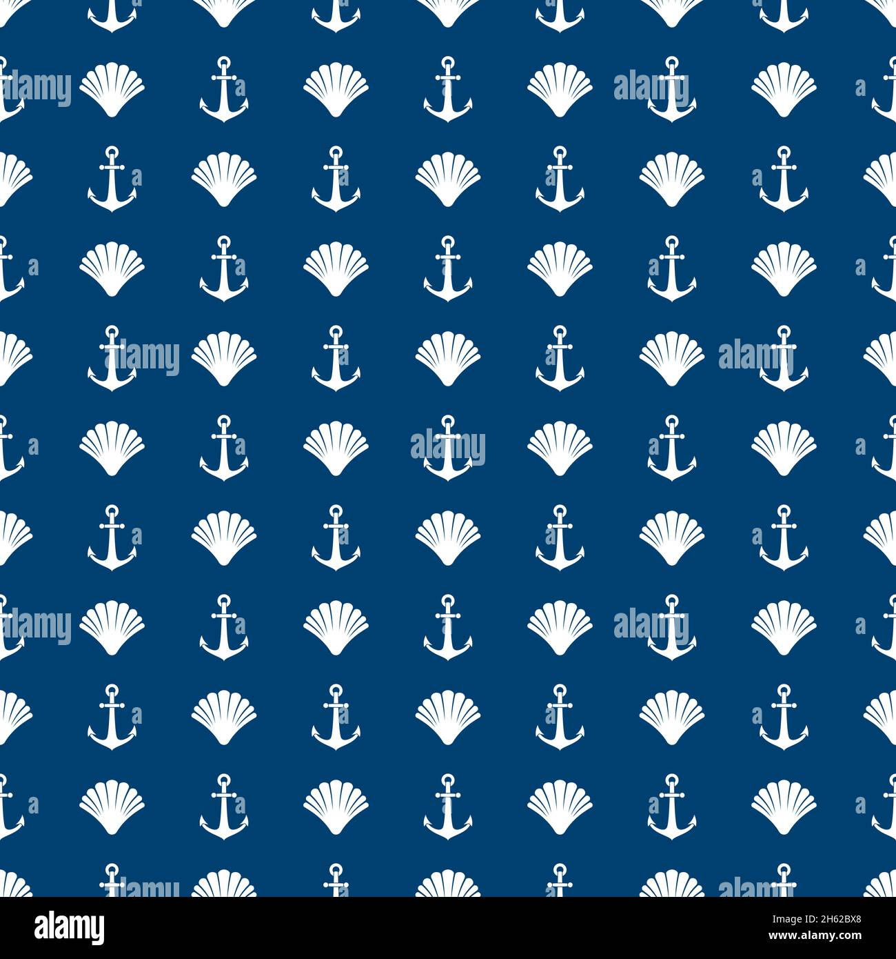 Nautisches Nahtloses Muster mit Muscheln und Ankern auf blauem Hintergrund. Schiff und Boot Lenkrad Ornament. Marine Tapete mit Ruder. Sommer perfekt Stock Vektor