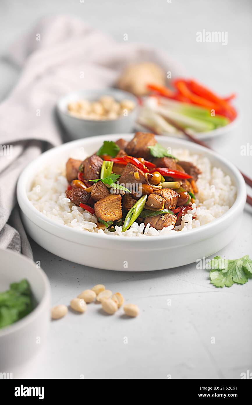 Kung pao oder Kung po, traditionelles chinesisches Essen, zubereitet mit Hühnchen-, Rind- oder Schweinefleisch, manchmal Meeresfrüchte, mit Reis als Beilage Stockfoto