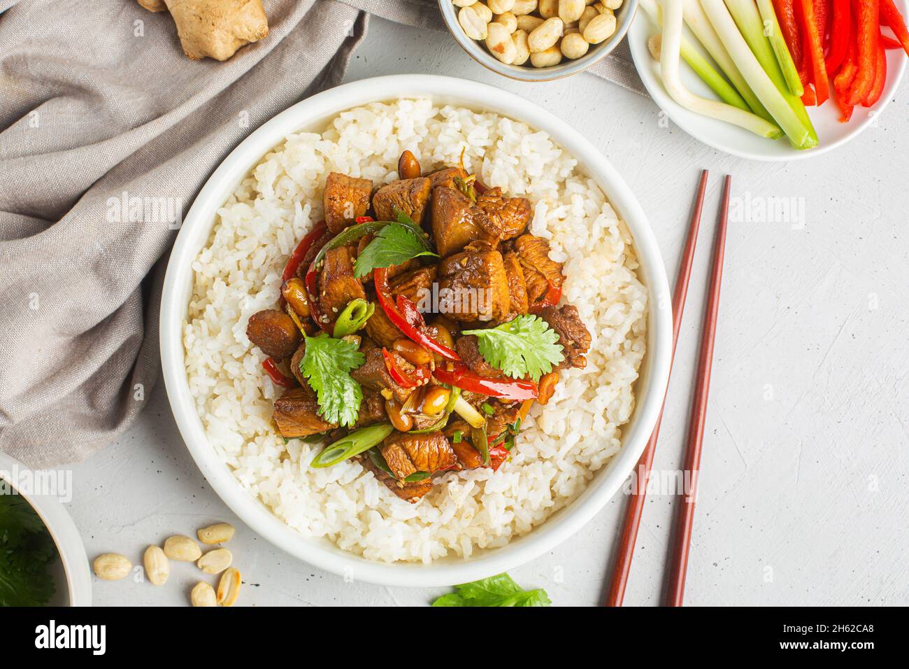 Kung pao oder Kung po, traditionelles chinesisches Essen, zubereitet mit Hühnchen-, Rind- oder Schweinefleisch, manchmal Meeresfrüchte, mit Reis als Beilage Stockfoto