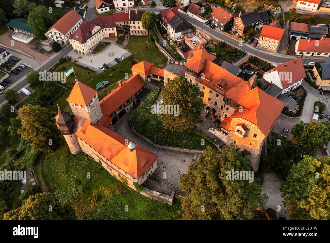 deutschland, thüringen, elgersburg, Schloss, Morgenlicht, Luftaufnahme, schräge Ansicht, Übersicht Stockfoto