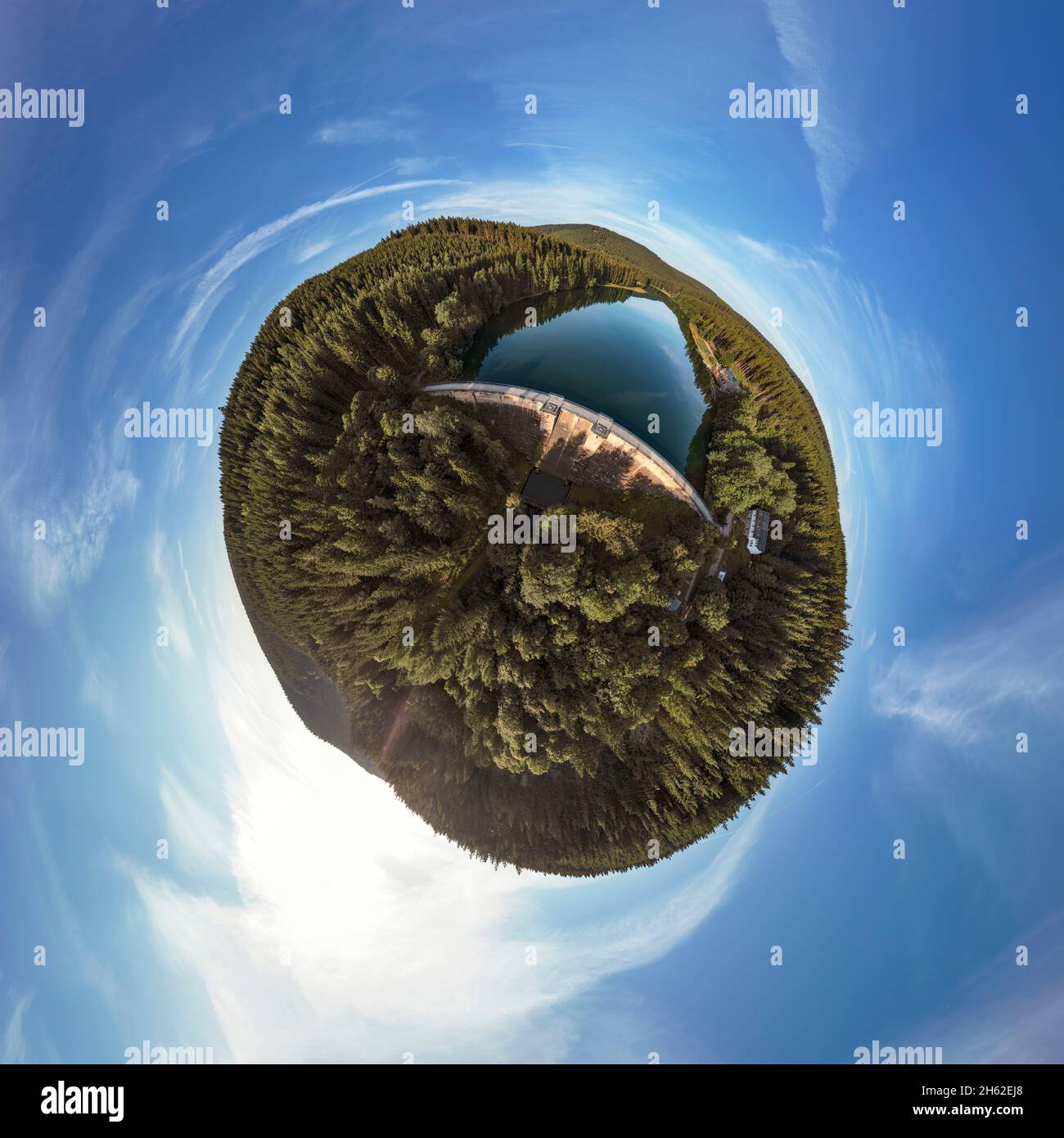 deutschland,thüringen,oberhof,lütschetalsperre,Staumauer,Wald,Berge,Luftbild,Kugelpanorama Stockfoto