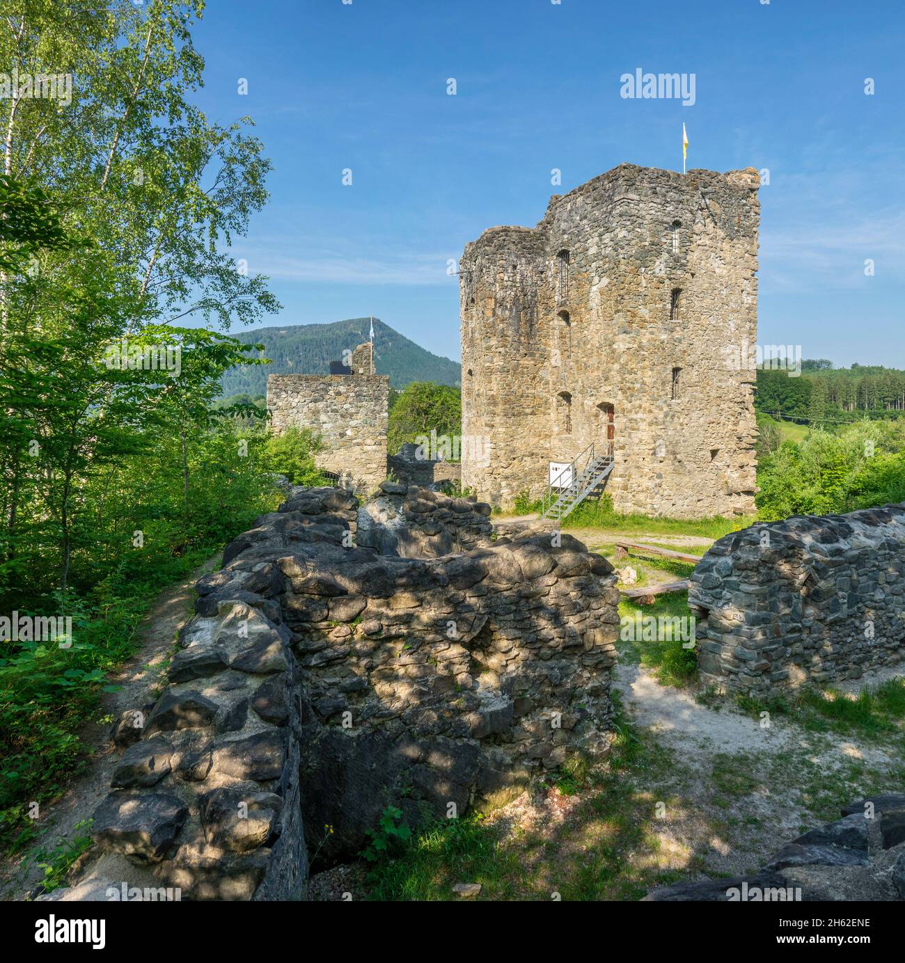 der burgruine laubenbergerstein (auch Laubenberg-stein genannt) ist eine Hügelburg, die im 12. Jahrhundert von den augsburger Bischöfen gegründet und von Ministern besetzt wurde. Der wichtige iller-Übergang und die dazugehörige Zollstation sollten von der Burg geschützt werden Stockfoto