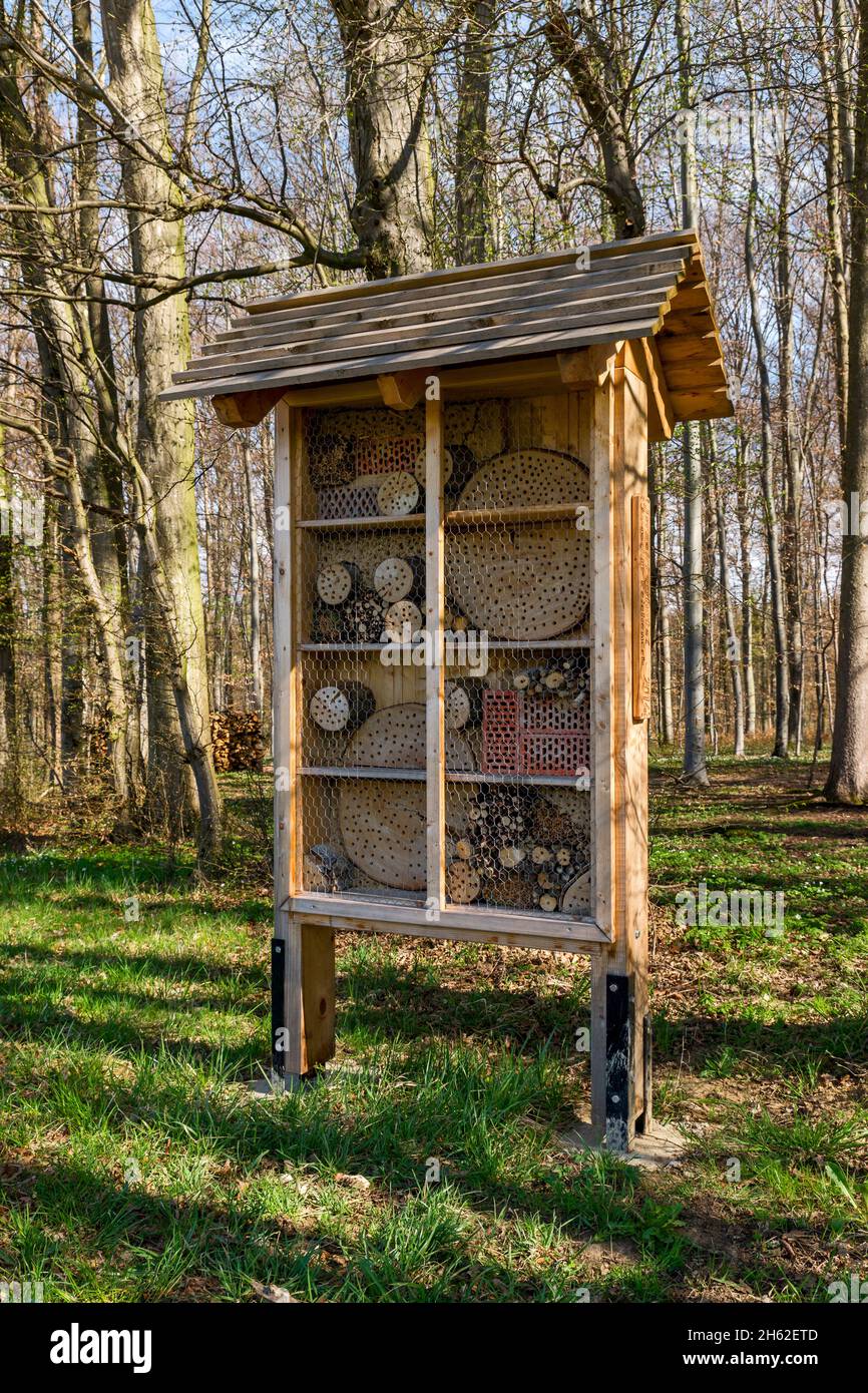 Ein Insektenhotel oder Insektenhaus, seltener ein Insektenschutzhaus, eine Insektenwand oder eine Insektenbox (in österreich nützliches Insektenhotel), ist eine künstlich geschaffene Nisthilfe und Überwinterungshilfe für Insekten. Stockfoto
