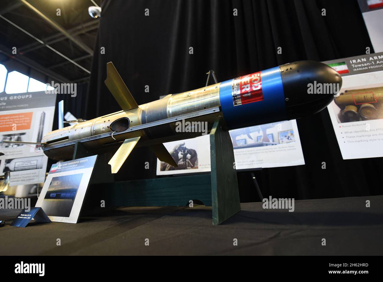 Berichtet: Eine iranische toophan-Panzerabwehrrakete ist auf der iranischen Materialliste auf der Joint Base Anacostia-Bolling, Washington, D.C., am 29. November 2018 zu sehen. Stockfoto