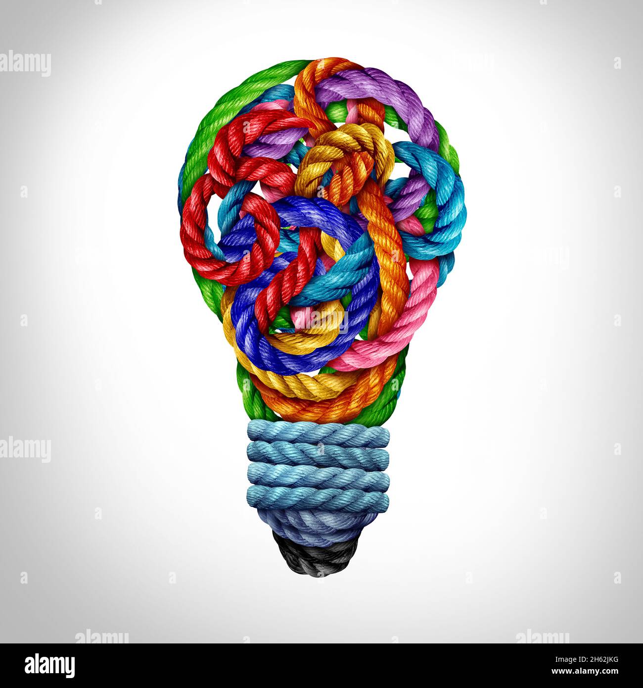 Kreatives Ideensymbol und starkes Ideensymbol Konzept als Kreativitäts-Glühbirne aus verschiedenen Seilen, die innovatives Denken repräsentieren. Stockfoto