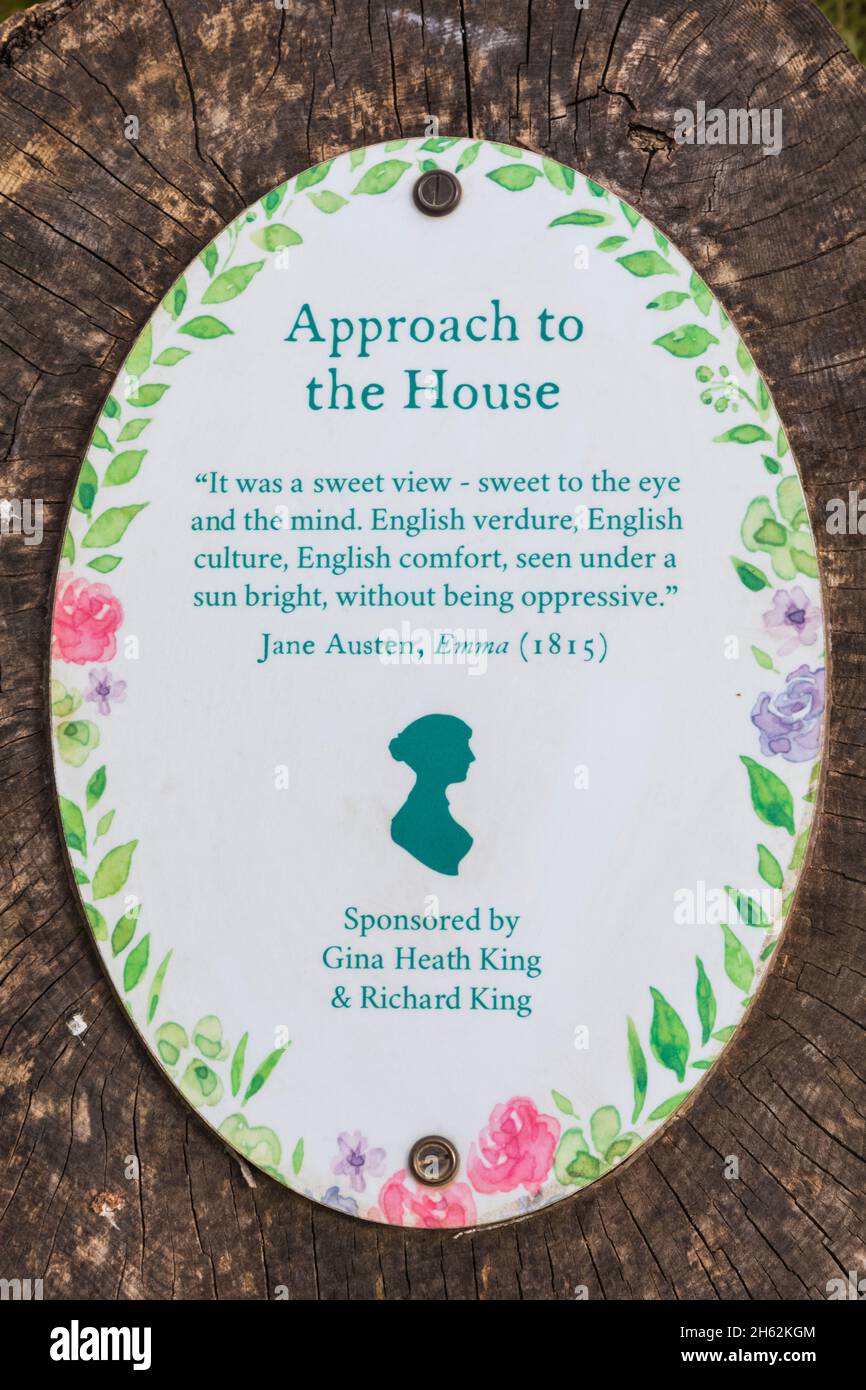 england, hampshire, alton, Chawton, Chawton House, Gedenktafel mit Zitaten aus Jane austens Roman „emma“ Stockfoto