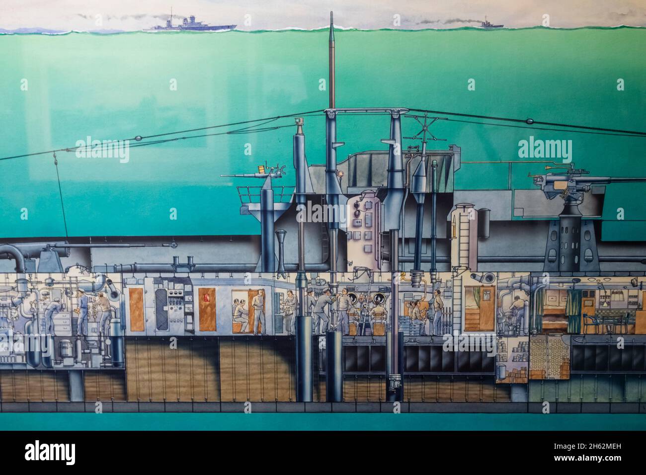 england, hampshire, portsmouth, gosport, portsmouth historische Werft, U-Boot-Museum, Gemälde eines U-Boots der Klasse T in Periskoptiefe Stockfoto