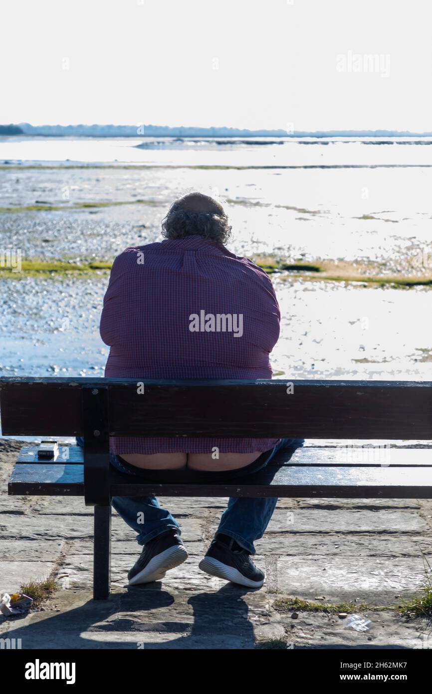 england, hampshire, hayling Island, lustige Rückansicht des übergewichtigen Mannes, der auf der Bank sitzt Stockfoto