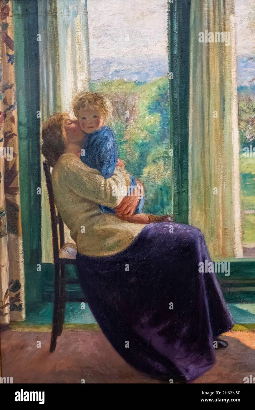 Gemälde einer Dame, die ihren jungen Sohn mit dem Titel „Pring, the Morning Room“ hält, vom britischen Künstler william rothenstein aus dem Jahr 1910 Stockfoto