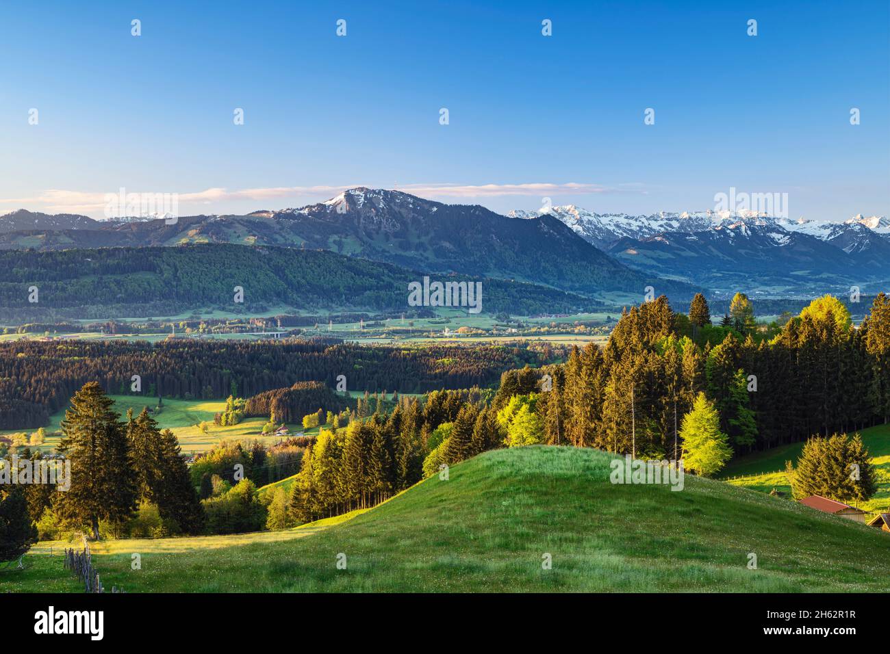 Frühling im allgäu. Blick über das illertal auf die allgäuer alpen mit den grünten. Wiesen, Wälder und schneebedeckte Berge unter blauem Himmel. bayern, deutschland, europa Stockfoto