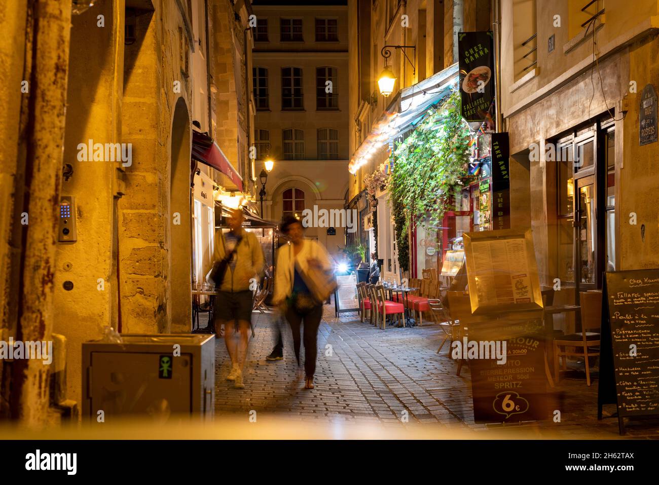 frankreich, paris, Rue des rosiers bei Nacht, berühmte Straße im jüdischen Viertel marais Stockfoto