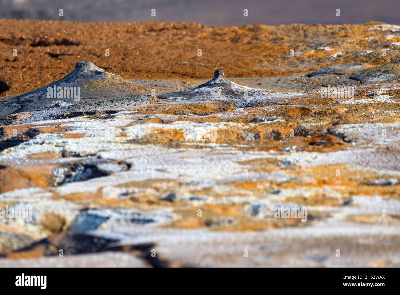 Fumarolen und farbenfrohe Schwefelausblühungen im Solfatargebiet von hverarönd, auch námaskarã, námafjall, mã½vatn-Region im Norden islands genannt Stockfoto