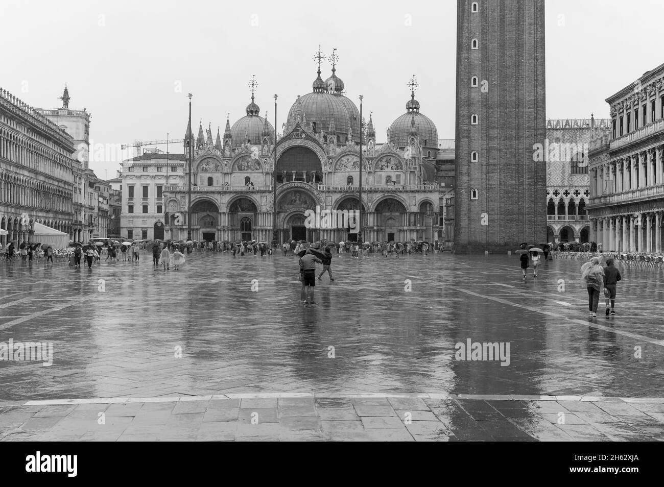 Blick auf die Basilika von san marco und auf den markusplatz in venedig, italien. Architektur und Wahrzeichen von venedig. Stadtbild von venedig bei Regen. Stockfoto