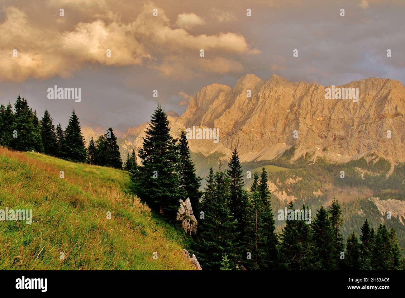 Blick auf die östliche karwendelspitze (2537 m),Vogelkarspitze (2522 m),hintere schlichtenkarspitze (2473 m),Bäralplekopf (2323 m),Abendwanderung zur Soiernspitze (2257 m),Sonnenuntergang,Alm im Vordergrund,dramatische Wolkenstimmung,karwendelgebirge,mittenwald,oberbayern,bayern,deutschland,europa Stockfoto