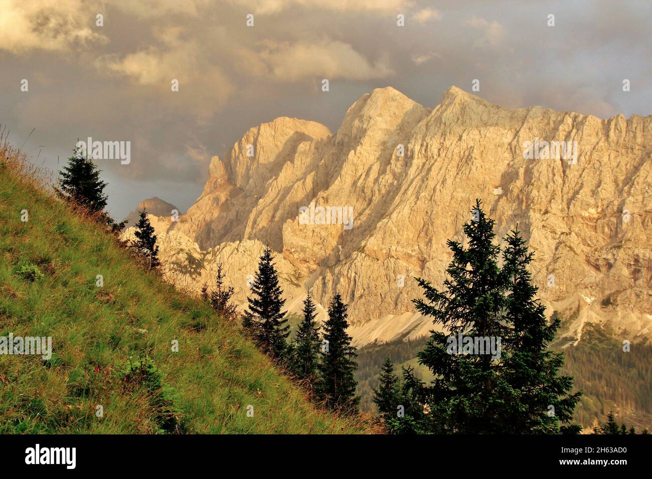 Blick auf die östliche karwendelspitze (2537m),Vogelkarspitze (2522m),hintere schlichtenkarspitze (2473m),Abendwanderung zur Soiernspitze (2257m),Sonnenuntergang,Alm im Vordergrund,dramatische Wolkenstimmung,karwendelgebirge,mittenwald,oberbayern,bayern,werdenfels,deutschland,europa Stockfoto