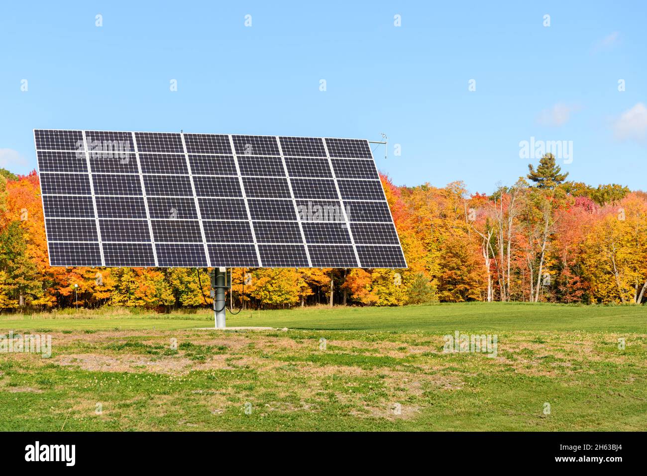 Verfolgen von Sonnenkollektoren auf einem von Laubbäumen umgebenen Feld auf dem Gipfel des Folbelaubs an einem sonnigen Tag Stockfoto