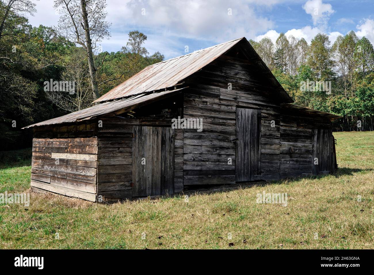 Altes rustikales, verwittertes Holzgebäude mit einem Metalldach auf einem Feld im ländlichen Georgia, USA. Stockfoto