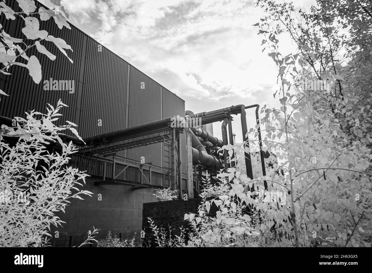 Alte Anlagen auf dem unesco-Weltkulturerbe zeche zollverein - Industriedenkmal einer ehemaligen cole-Mine in essen, Nordrhein-westfalen, deutschland. Schwarz-Weiß-Shooting mit modifizierter Infrarotkamera, ir850 nm. Stockfoto