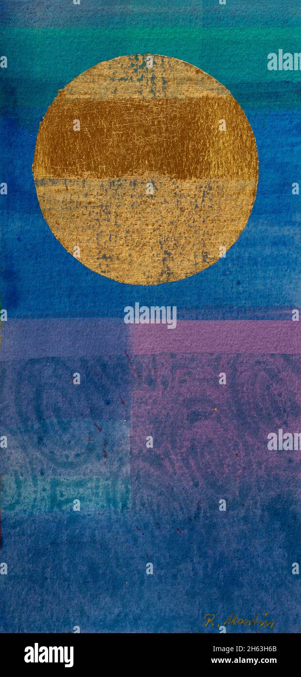 regine martin, Malerei, Acryl, Buntstift, mit Blattgold Beschichtung: goldene Scheibe auf blauem Hintergrund. Stockfoto