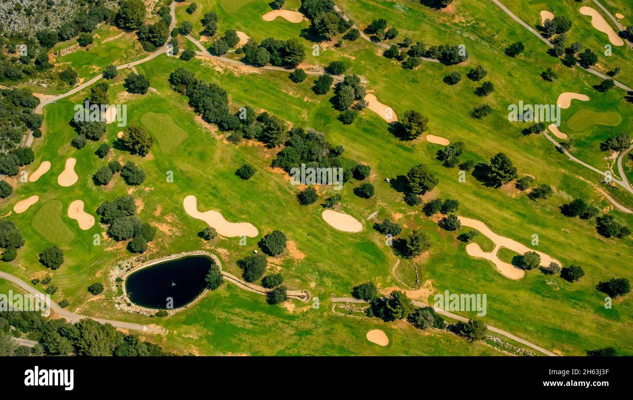 Luftaufnahme, Golfplatz Golf de son termes in Bunyolis, palmanyola, Son espanyol, mallorca, balearen, balearen, balearen, spanien Stockfoto