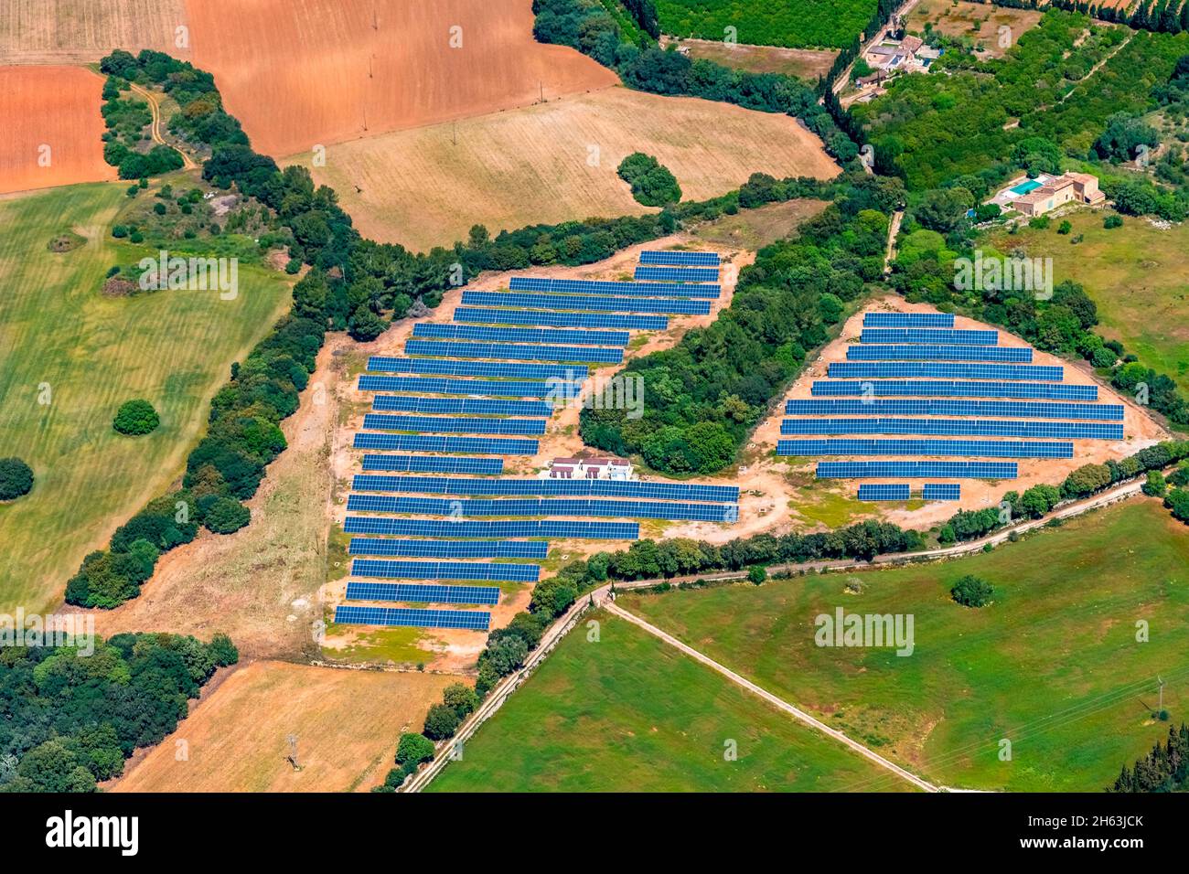 Luftaufnahme, Sonnensystem, planta fotovoltaica de s'ermitori, muro, mallorca, balearen, spanien Stockfoto