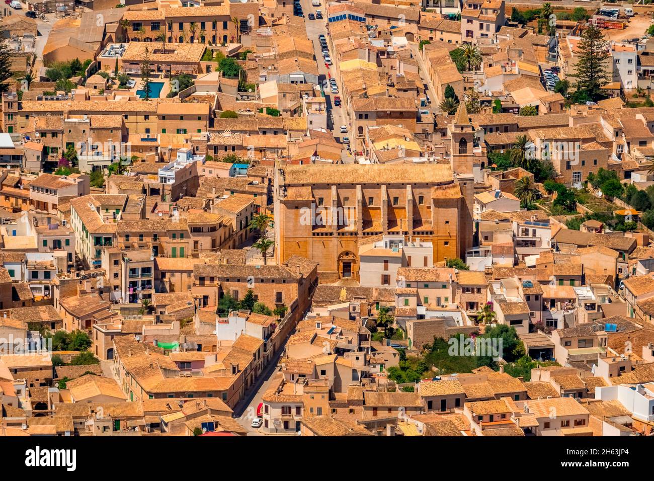 Luftaufnahme, Altstadt und sant andreu Kirche in Santanyí, europa, balearen, spanien Stockfoto