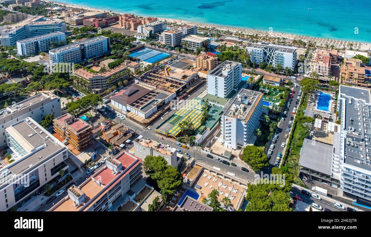 Luftaufnahme, Gastronomie bamboleo Biergarten,bierkönig,Hotelanlagen in Las maravillas,palma,mallorca,balearen,spanien Stockfoto