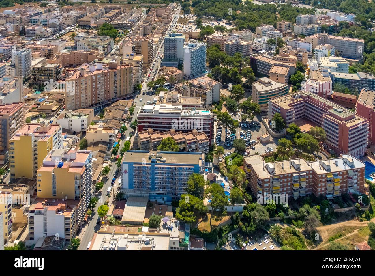 Luftaufnahme, Hotelkomplexe auf der carrer sant bartomeu, s'arenal, mallorca, balearen, spanien Stockfoto