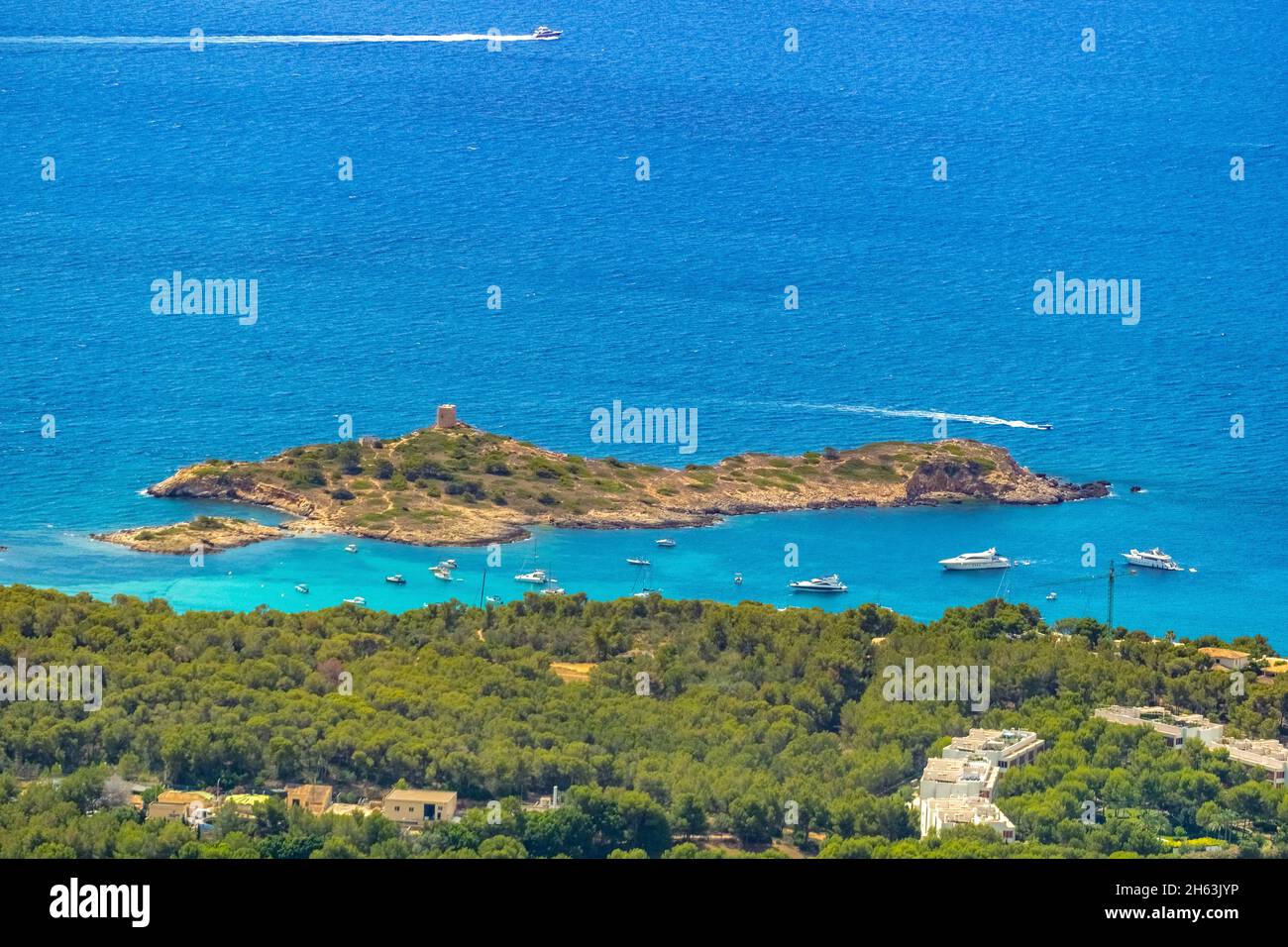 Luftaufnahme, Insel, illa de sa torre mit Verteidigungsturm, Calvià, mallorca, balearen, spanien Stockfoto