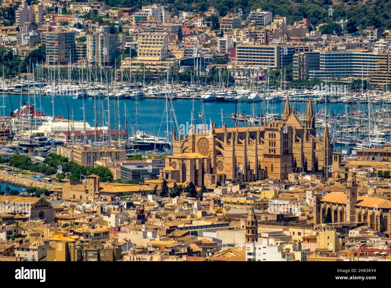 Luftaufnahme, kirche santa iglesia catedral de mallorca, kathedrale von palma, puerto de palma, Hafen von palma im Hintergrund, palma, mallorca, balearen, spanien Stockfoto