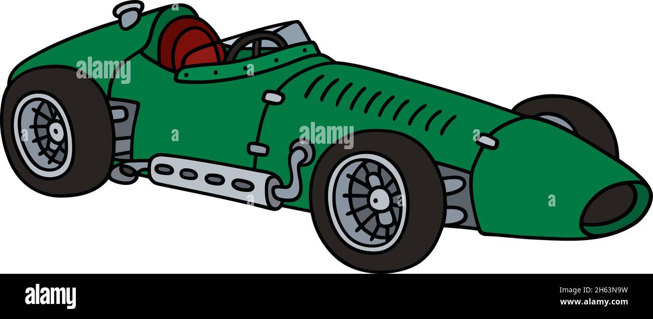 Die gektorisierte Handzeichnung eines lustigen, vintage-grünen Rennfahrers Stock Vektor