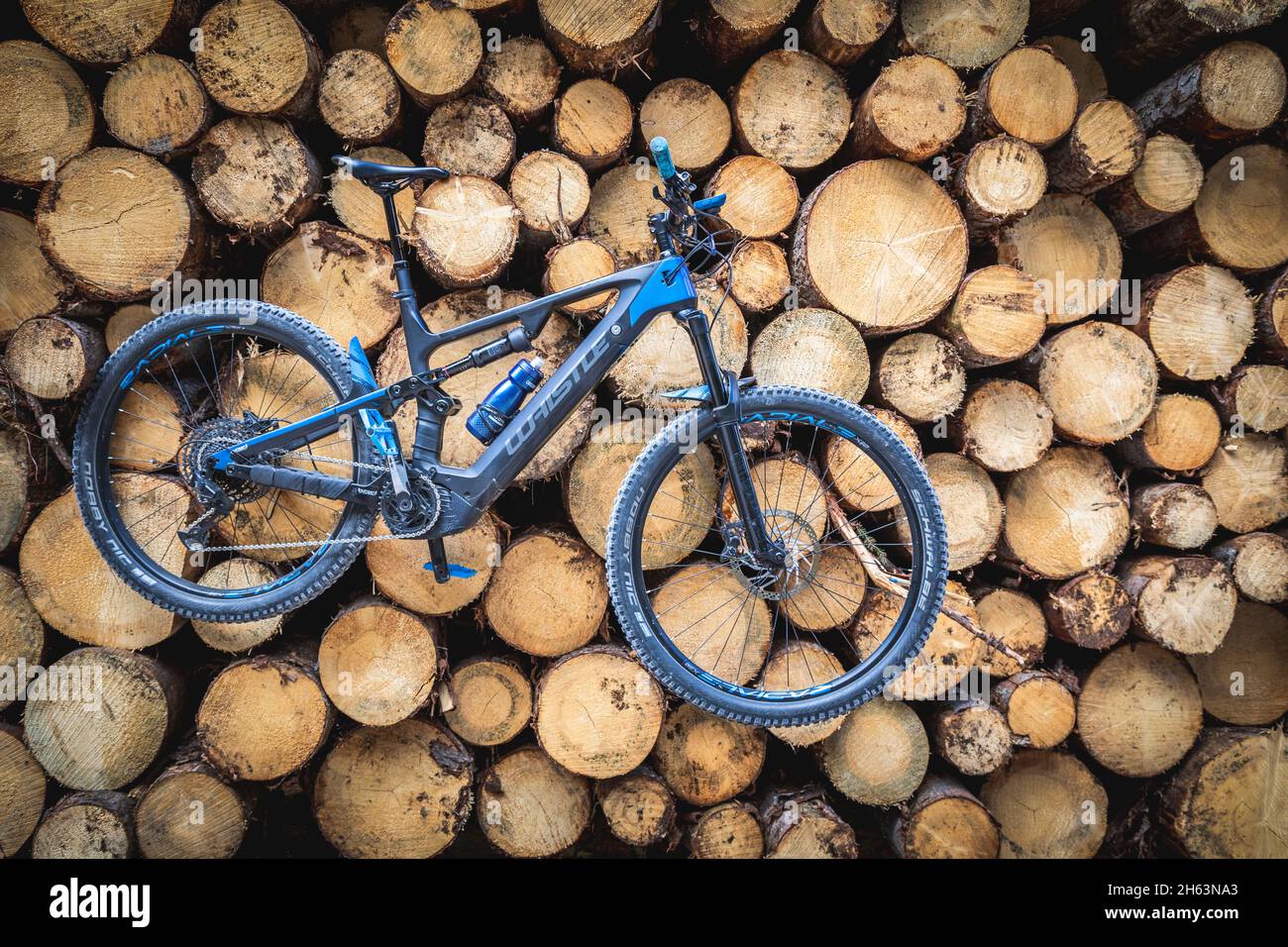 E-Bike, E-mtb, E-Mountainbike, Seitenansicht, hängend von einem Haufen von Baumstämmen Stockfoto